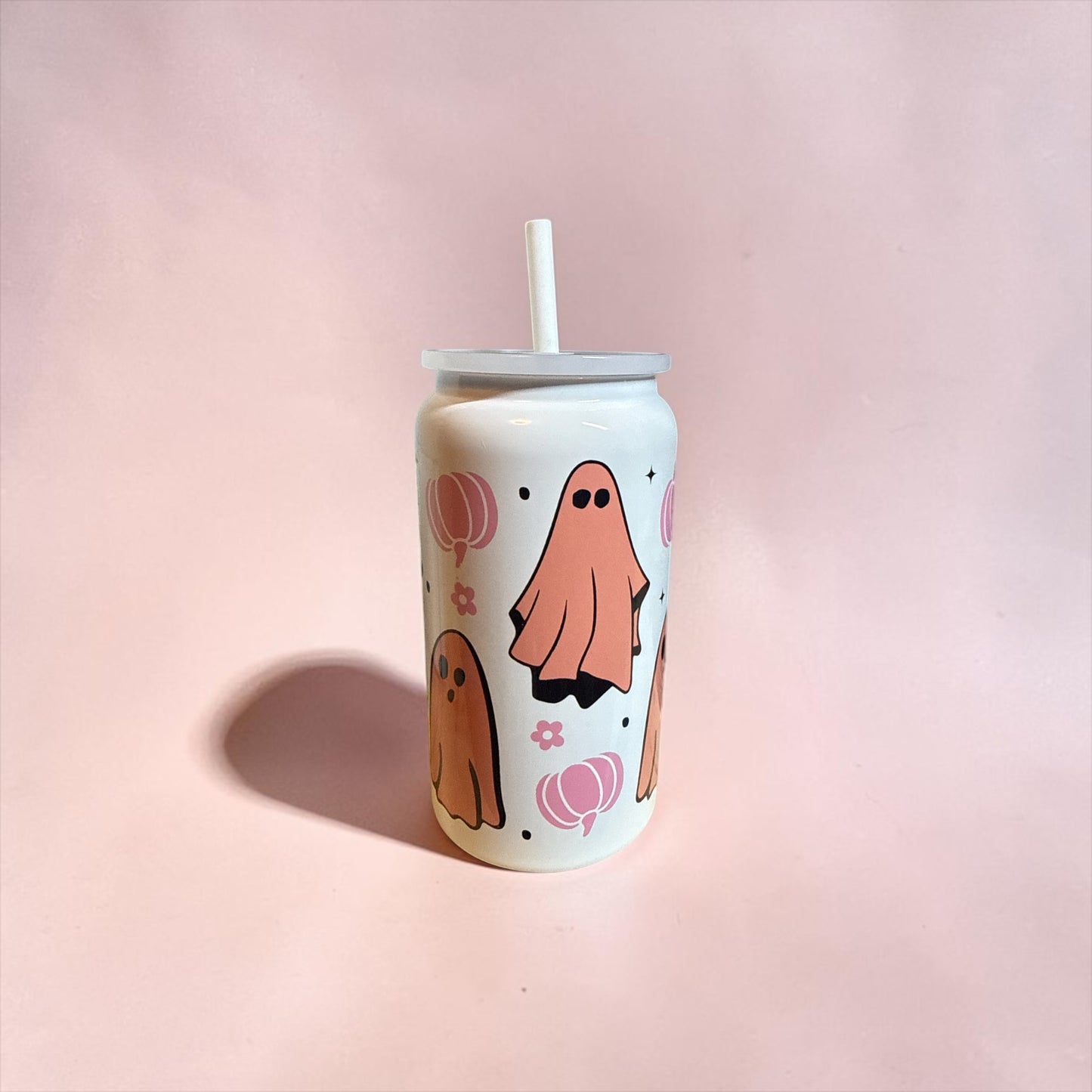 Pink Ghosts & Pumpkins Beer Can Tumbler