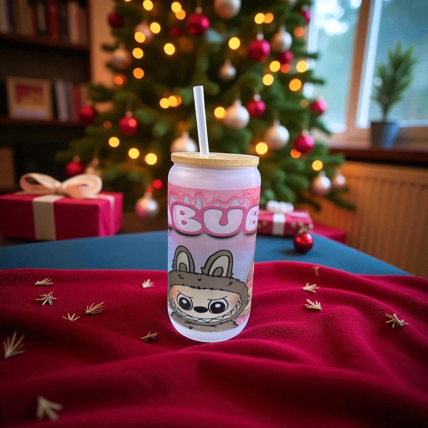 Labubu-Inspired Frosted Glass Can Tumbler – Cute Character Cup with Bamboo Lid & Straw