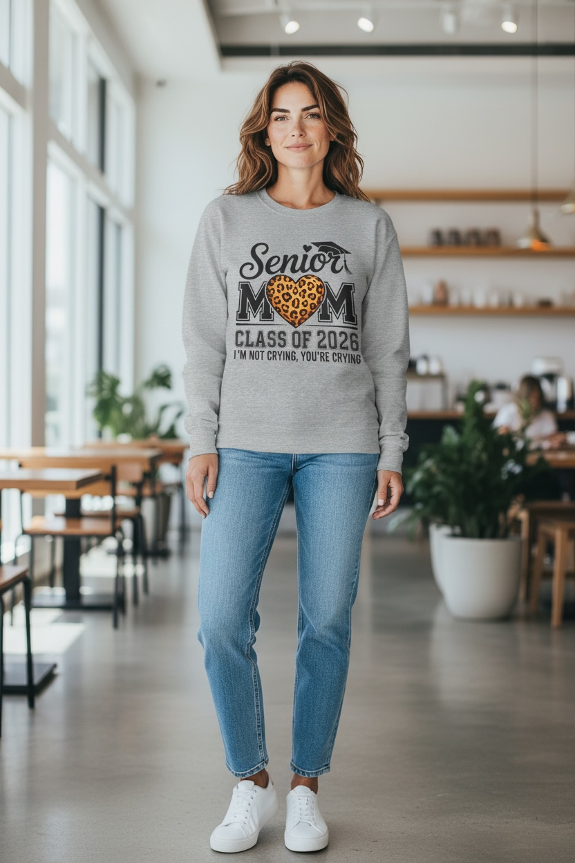 Senior Mom Class of 2026 Leopard Heart Crewneck Sweatshirt