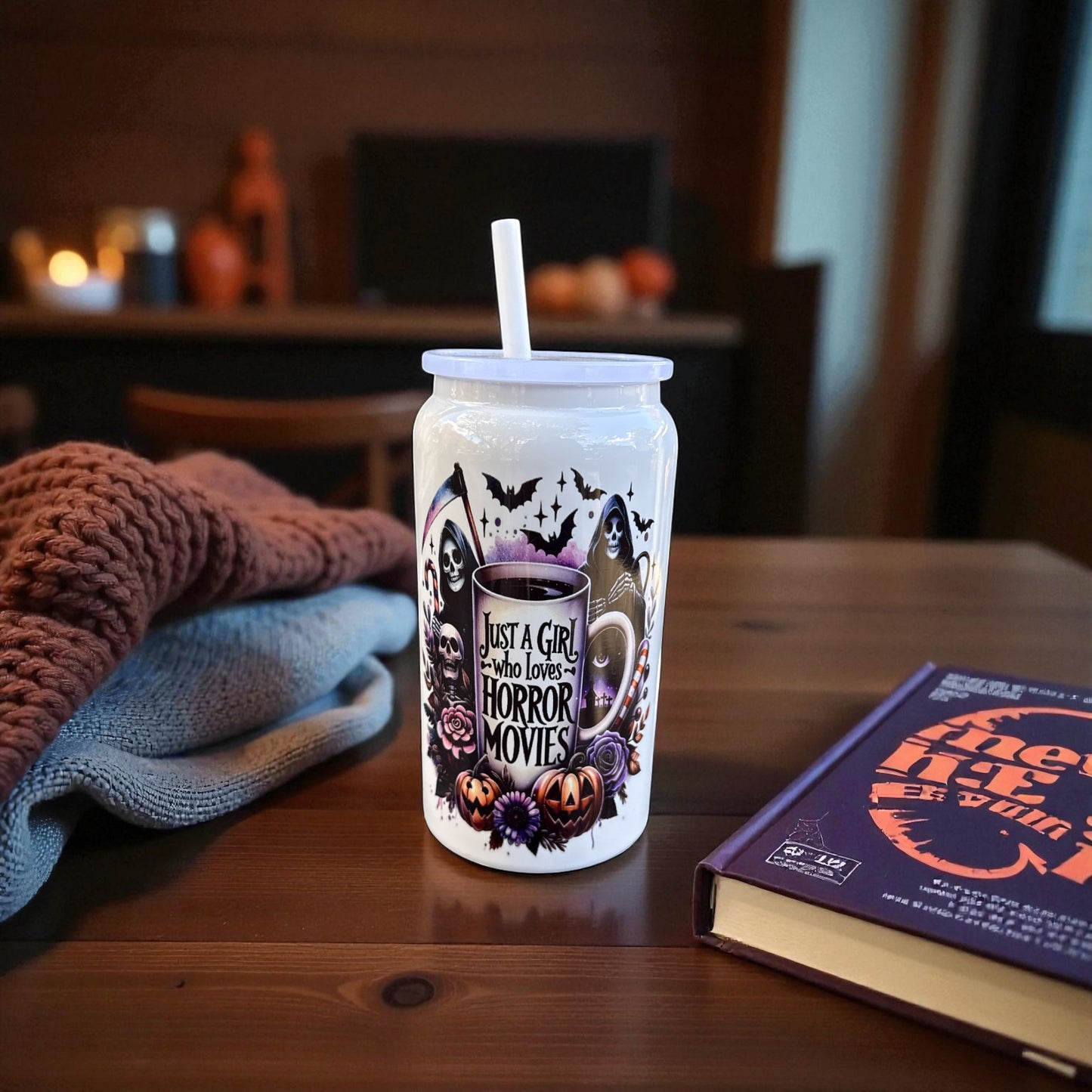 Just a Girl Who Loves Horror Movies Glass Can Tumbler – Spooky Aesthetic Cup with Straw